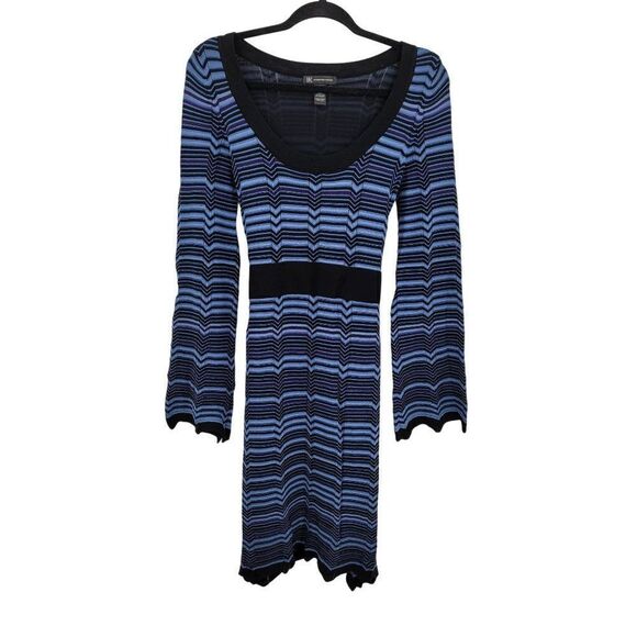 Y2K INC Dress Sweater Silk Blend Scalloped Hem Bell Sleeve Tie Waist Blue M - Picture 3 of 13